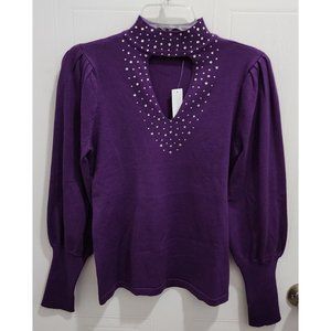 NWT New York & Company Women's Heatset Studs Cutout Neck Sweater Top Purple Sz M